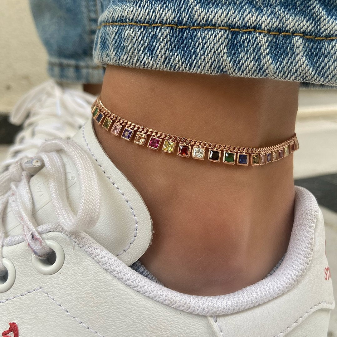 Dangle CZ Stone Anklet, Crystal Diamond Anklet, Dangle Gemstone Anklet, Summer gift, Beach Jewelry, 14K Rose gold Anklet, Ankle Bracelet