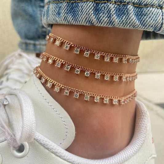 Anklet for Women, Rose Gold Ankle Bracelet, Clear Zirconia Dangle Anklet, Summer Anklet, Beach Jewelry, Silver Curb ChainAnklet, gift