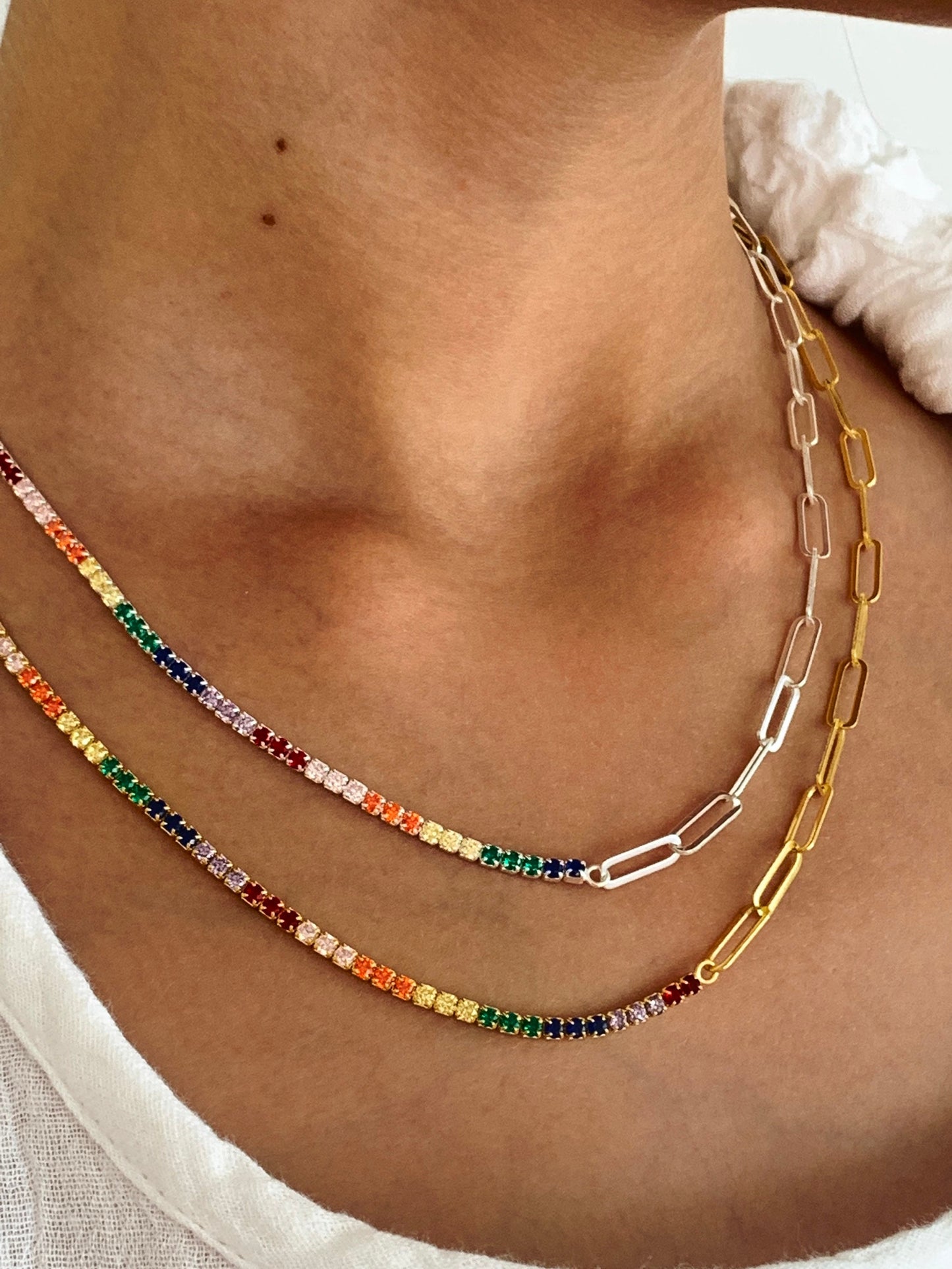 Half Tennis Half Link Chain Necklace, Rainbow Tennis Diamond Choker, Multicolor Tennis Necklace, Zirconia Gemstone, Gold Paper Link Chain