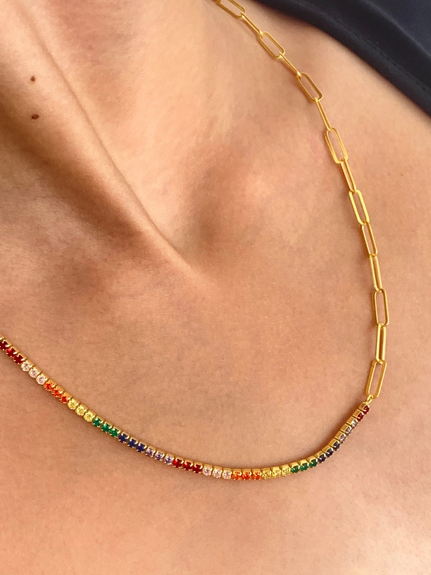 Half Tennis Half Link Chain Necklace, CZ Tennis Necklace, Diamond Tennis Chain, Multicolor Rainbow Necklace, 18k Link Chain, Tennis Jewelry