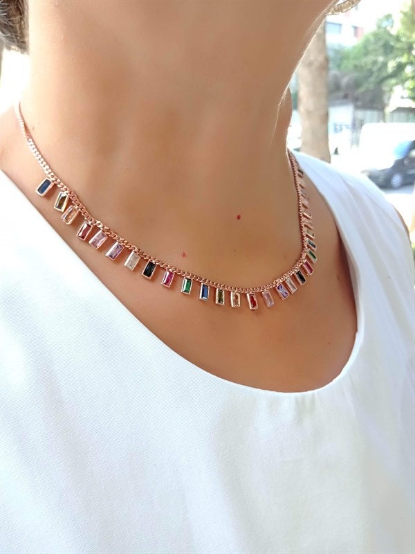 Multicolor Baguette Necklace, Baguette Choker, Rainbow Necklace, Drop Dangle Necklace, Colorful Necklace, CZ Necklace, Trendy Necklace, 925
