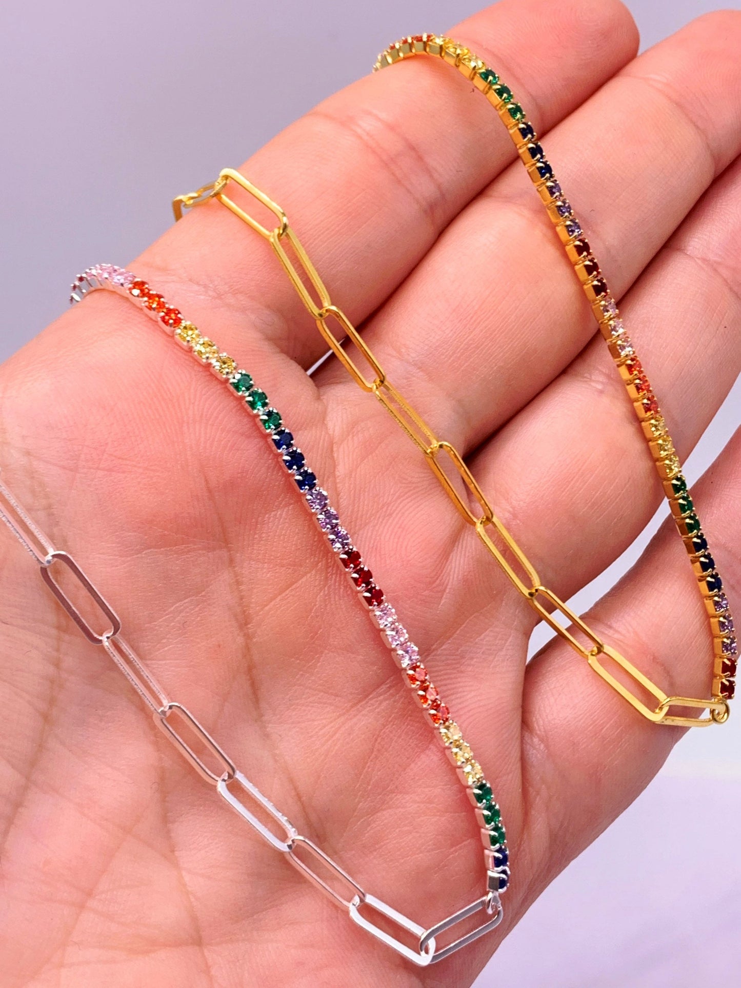 Half Tennis Half Link Chain Necklace, CZ Tennis Necklace, Diamond Tennis Chain, Multicolor Rainbow Necklace, 18k Link Chain, Tennis Jewelry