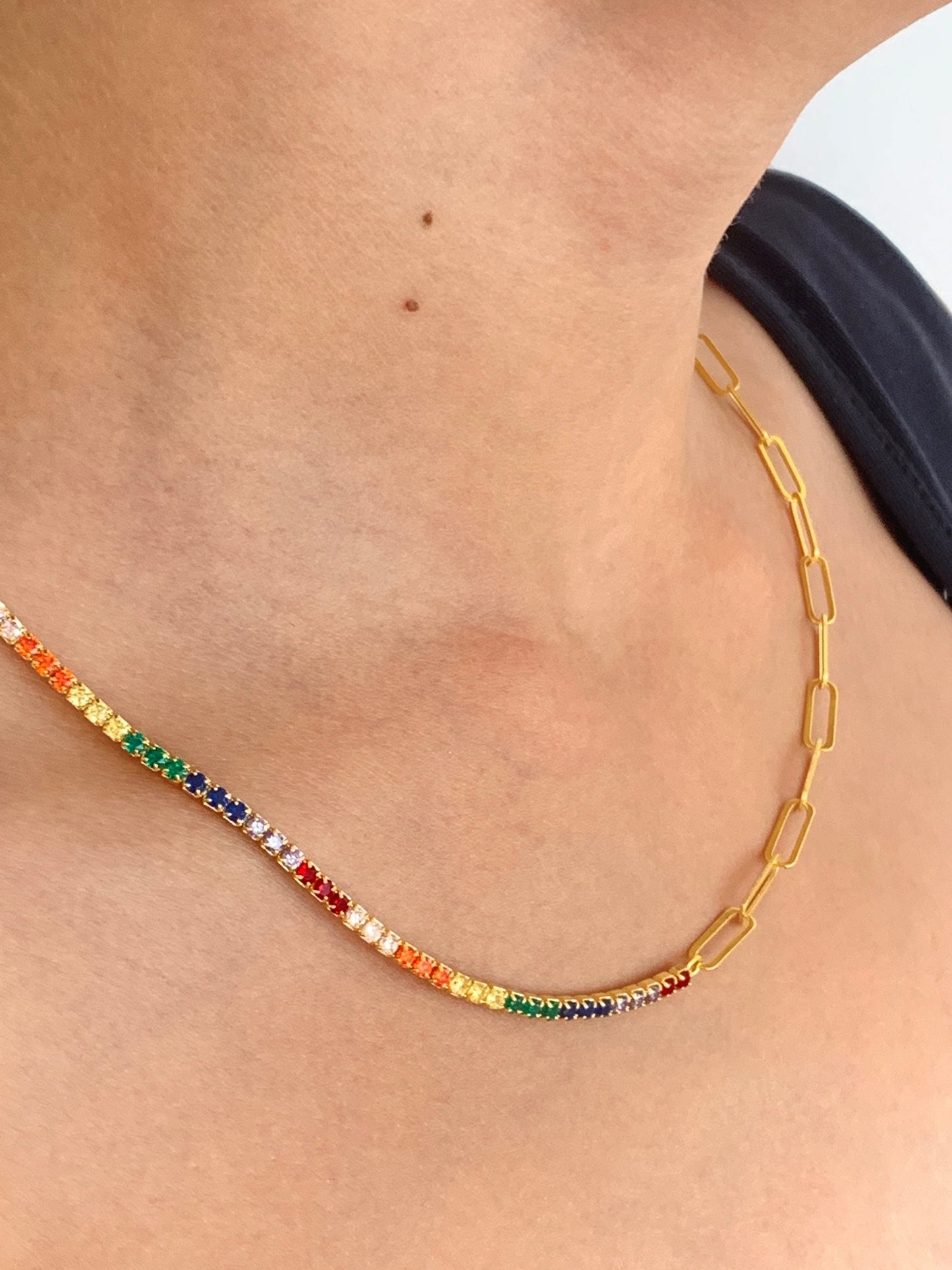 Half Tennis Half Link Chain Necklace, CZ Tennis Necklace, Diamond Tennis Chain, Multicolor Rainbow Necklace, 18k Link Chain, Tennis Jewelry