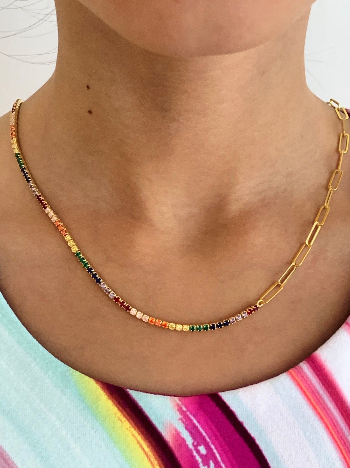 Half Tennis Half Link Chain Necklace, Rainbow Tennis Diamond Choker, Multicolor Tennis Necklace, Zirconia Gemstone, Gold Paper Link Chain