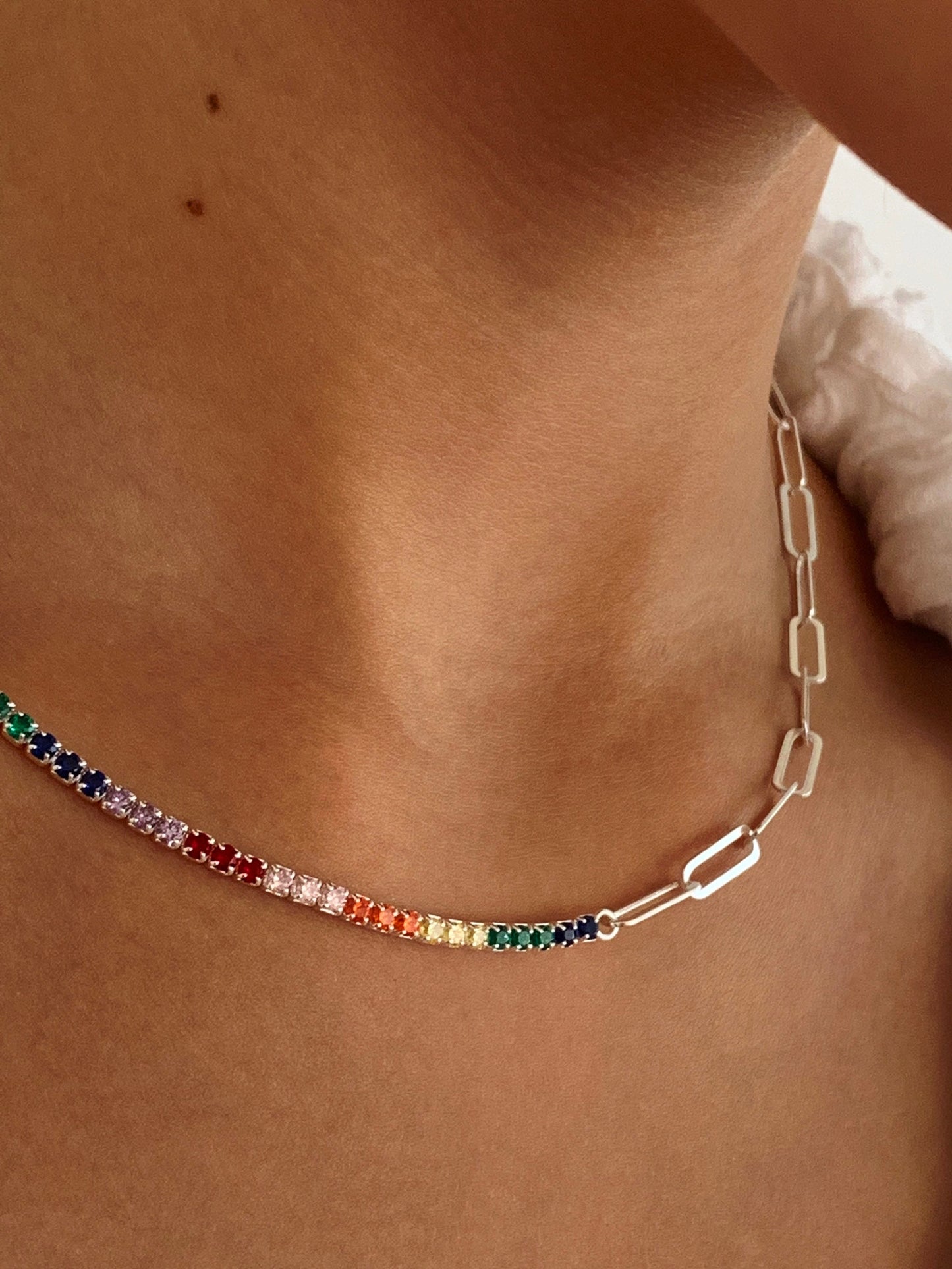 Half Tennis Half Link Chain Necklace, CZ Tennis Necklace, Diamond Tennis Chain, Multicolor Rainbow Necklace, 18k Link Chain, Tennis Jewelry