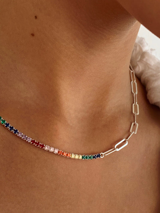 Half Tennis Half Link Chain Necklace, Rainbow Tennis Diamond Choker, Multicolor Tennis Necklace, Zirconia Gemstone, Gold Paper Link Chain