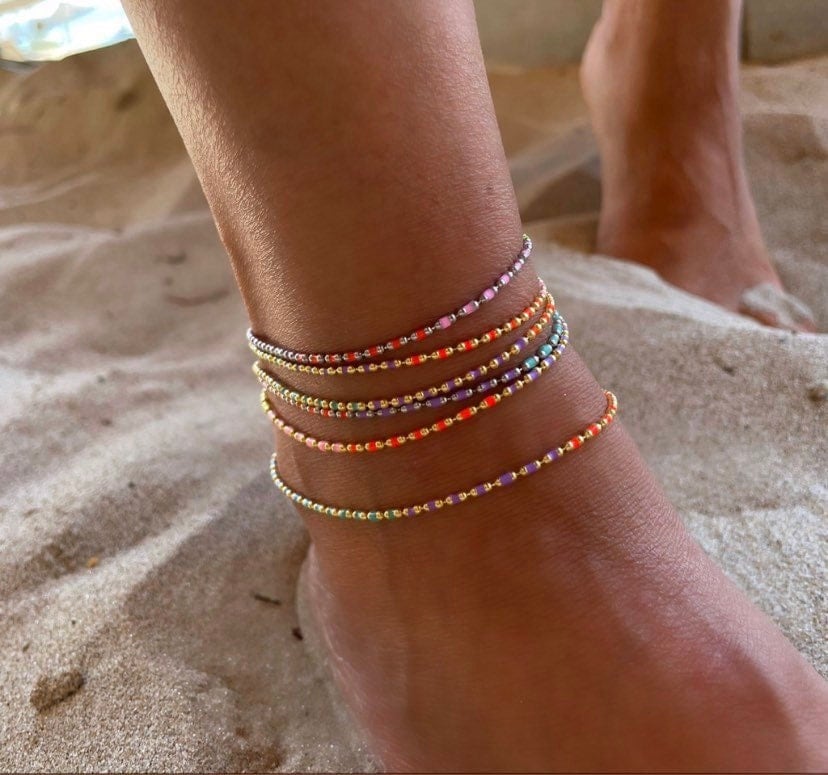 Multicolor Enamel Anklet, Colorful Enamel Ankle Bracelet, Summer Gift, Layering Anklet, Ball Bead Chain Anklet, Rose Gold Anklet, Jewelry