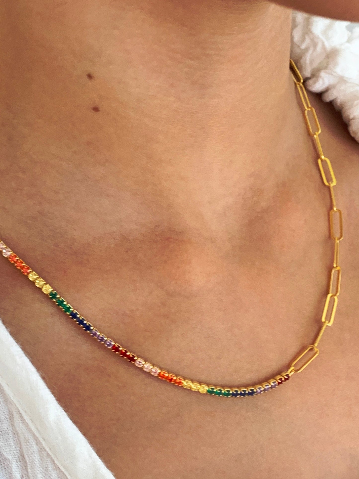Half Tennis Half Link Chain Necklace, CZ Tennis Necklace, Diamond Tennis Chain, Multicolor Rainbow Necklace, 18k Link Chain, Tennis Jewelry