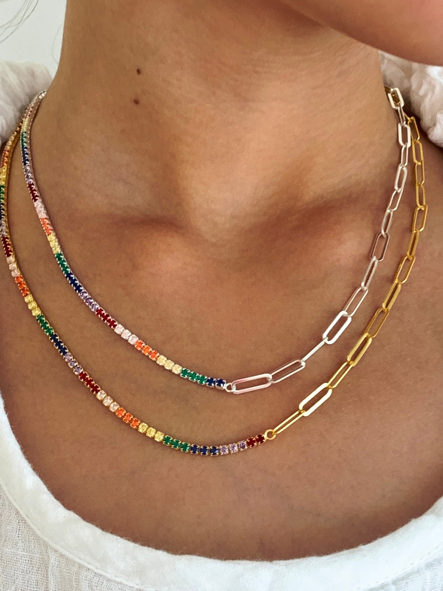 Half Tennis Half Link Chain Necklace, CZ Tennis Necklace, Diamond Tennis Chain, Multicolor Rainbow Necklace, 18k Link Chain, Tennis Jewelry