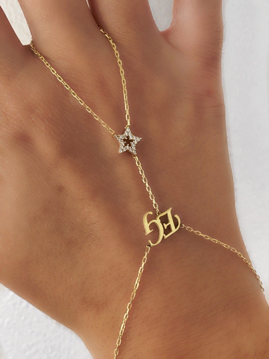 Custom Hand Chain Named bracelet with CZ stone, Personalized Initial Hand Bracelet, Name Ring Slave Bracelet, Personalized Gifts for her