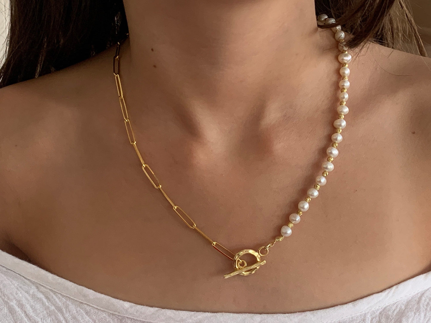 Half Pearl Necklace, Half Pearl Half Chain Necklace Pearl Choker, Gold Toggle Necklace, Paperclip Chain Necklace, Freshwater Pearl Chain