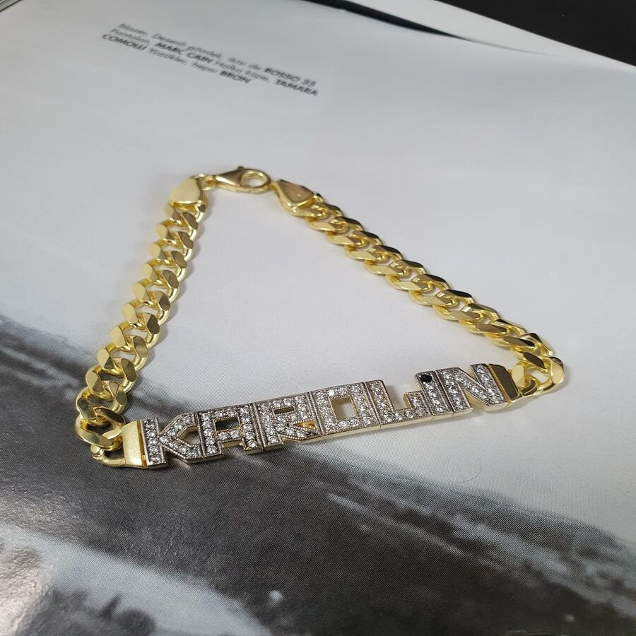 Thick Gold Name Bracelet, Diamond Name Bracelet, CZ Gemstone Letter, Thick Cuban Link Bracelet, Personalized Bracelet, Girlfriend Bracelet