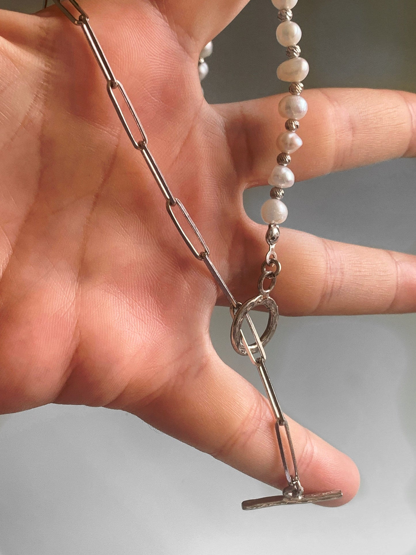 Half Pearl Necklace, Half Pearl Half Chain Necklace Pearl Choker, Gold Toggle Necklace, Paperclip Chain Necklace, Freshwater Pearl Chain