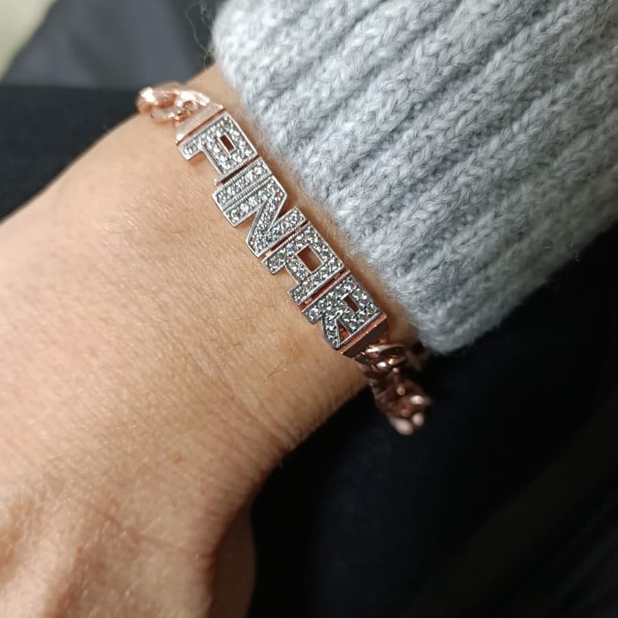 Thick Gold Name Bracelet, Diamond Name Bracelet, CZ Gemstone Letter, Thick Cuban Link Bracelet, Personalized Bracelet, Girlfriend Bracelet