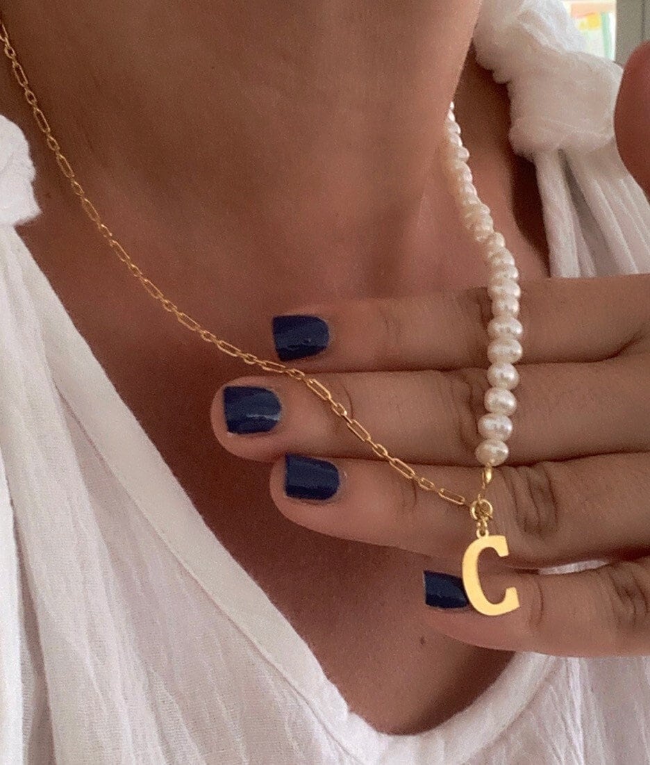 Pearl Name Necklace, Half Pearl Half Chain, Initial Pearl Necklace, Pearl Choker, Personalized Gift, Gift for her, 925 Sterling Silver