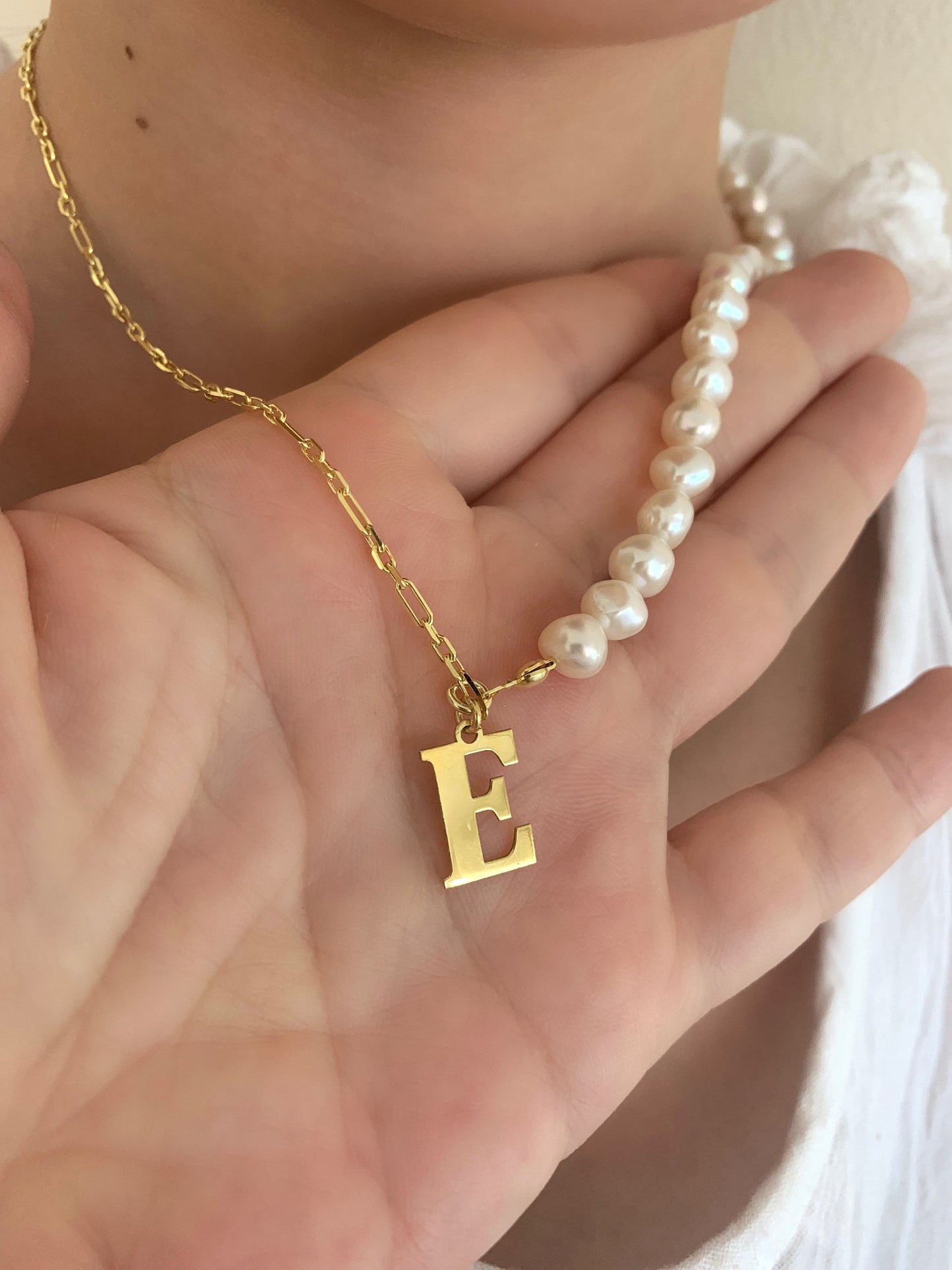 Pearl Name Necklace, Half Pearl Half Chain, Initial Pearl Necklace, Pearl Choker, Personalized Gift, Gift for her, 925 Sterling Silver