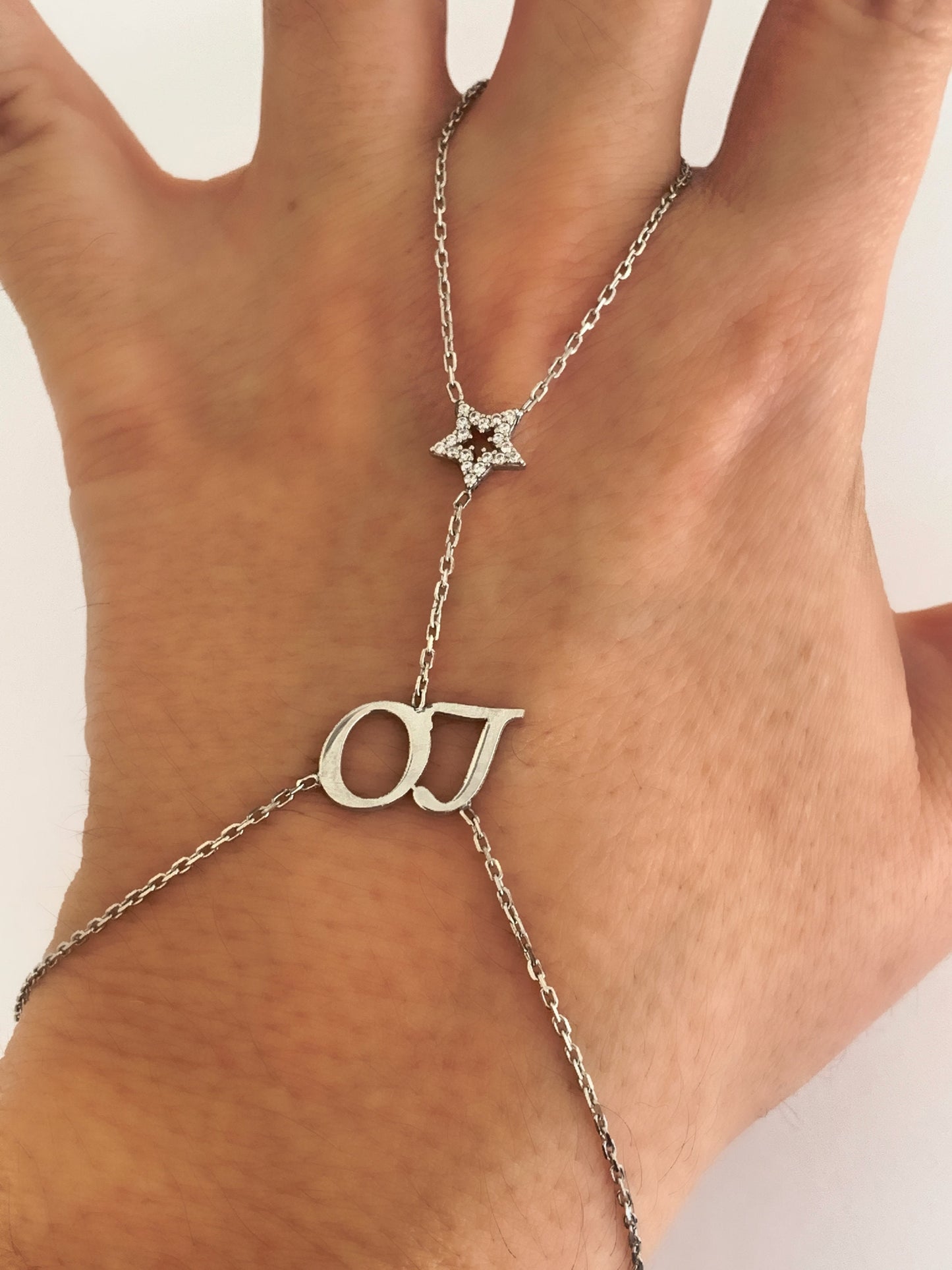 Custom Hand Chain Named bracelet with CZ stone, Personalized Initial Hand Bracelet, Name Ring Slave Bracelet, Personalized Gifts for her