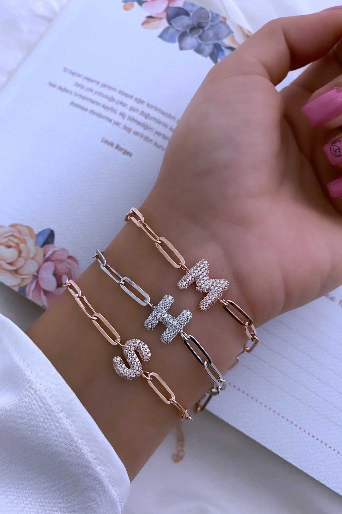 Gold Link Chain Initial Bracelet, Bubble Letter Bracelet, Balloon Diamond Name Bracelet, Trendy Layering Bracelet, Girlfriend Bracelet, 925