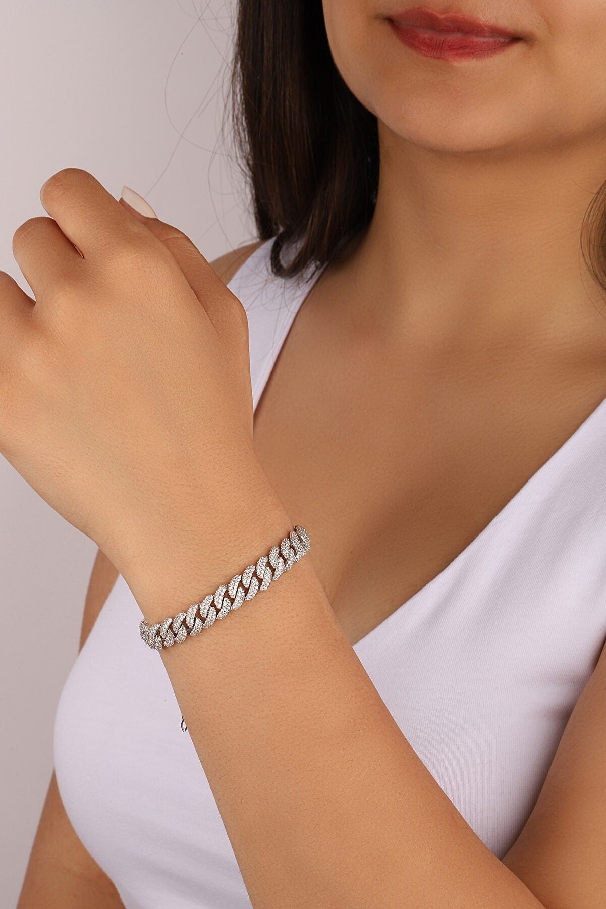 Iced Out Bracelet, Thick Cuban Link Chain Bracelet, Diamond Bracelet ,CZ Bracelet, Cubic Zirconia Bracelet, Stacking Bracelets, 925 Silver