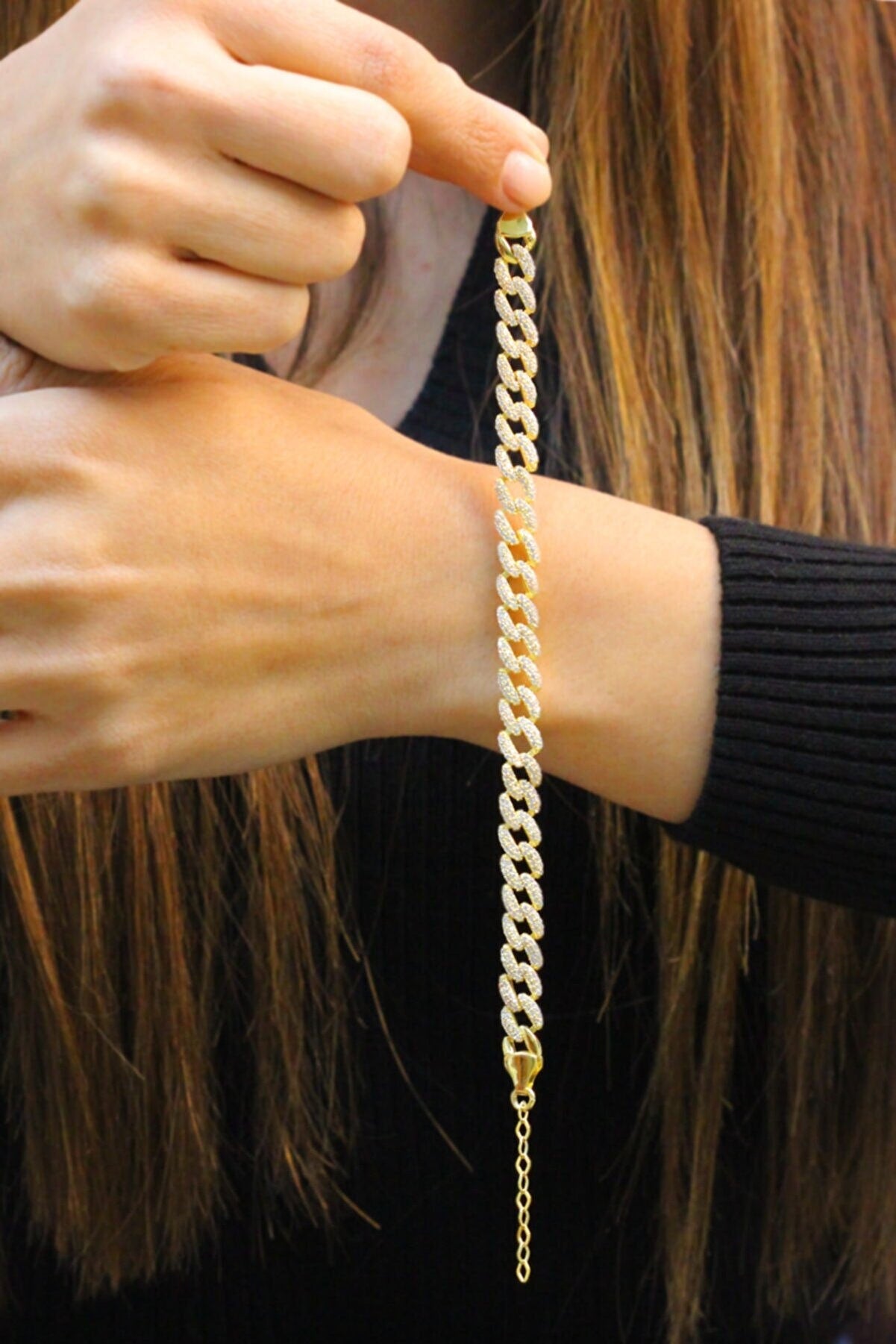 Iced Out Bracelet, Thick Cuban Link Chain Bracelet, Diamond Bracelet ,CZ Bracelet, Cubic Zirconia Bracelet, Stacking Bracelets, 925 Silver