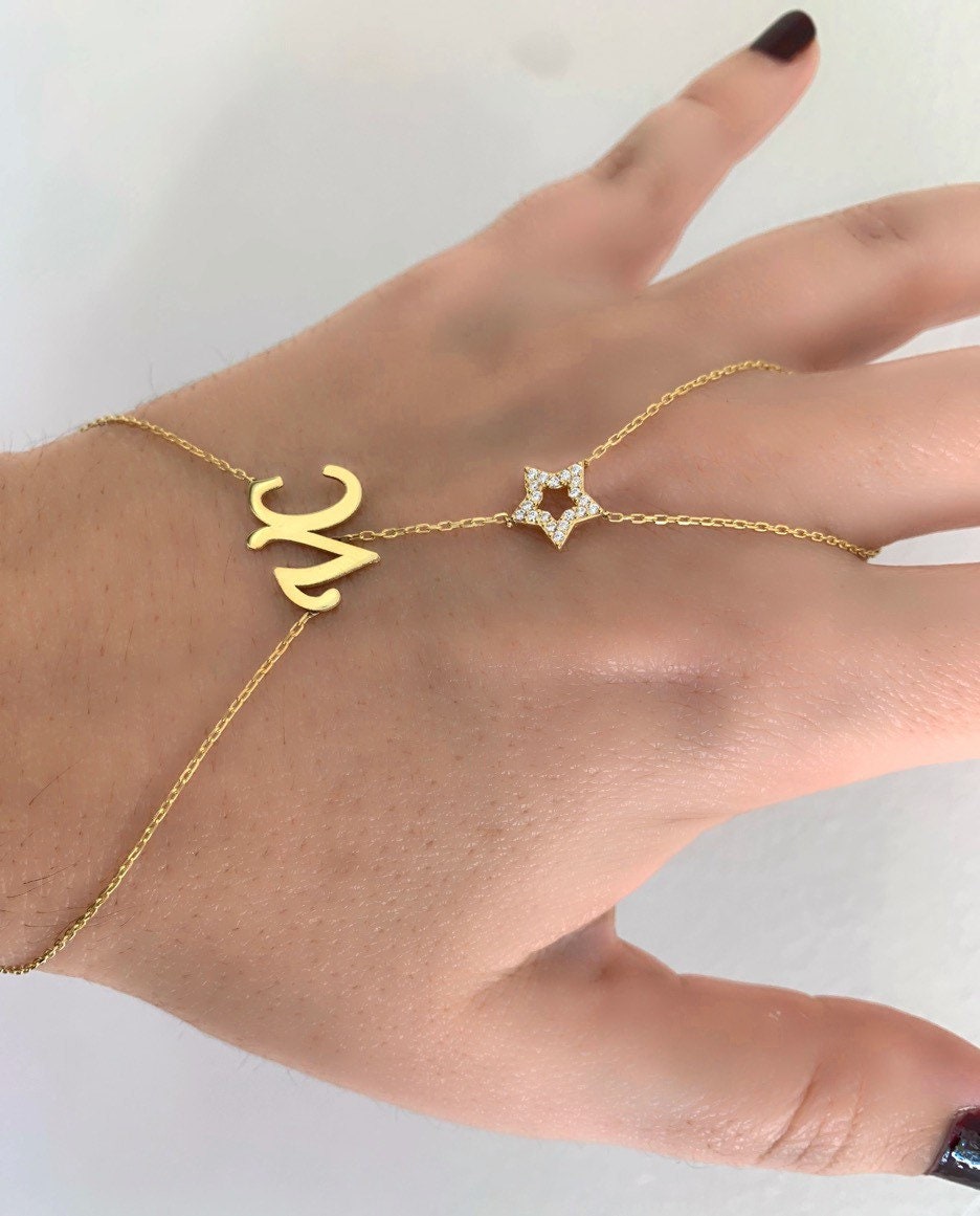 Custom Hand Chain Named bracelet with CZ stone, Personalized Initial Hand Bracelet, Name Ring Slave Bracelet, Personalized Gifts for her