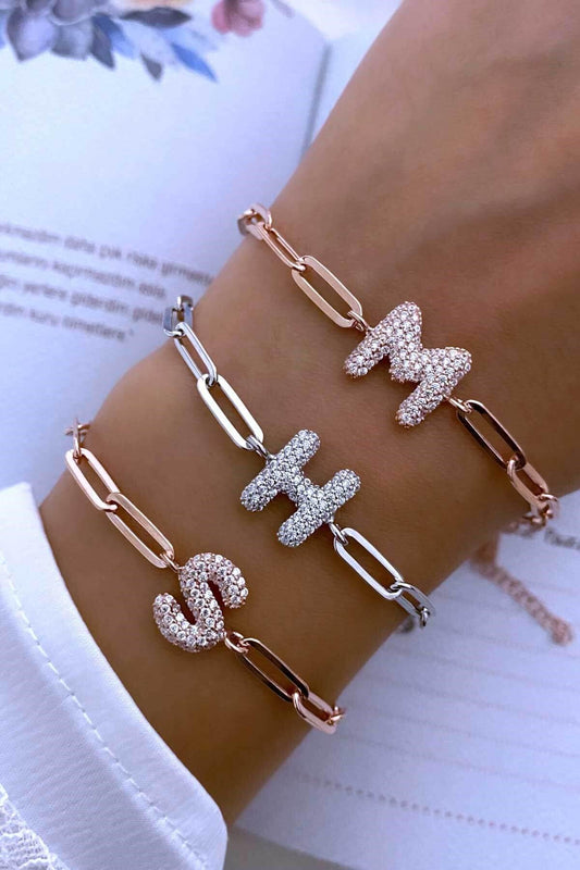 Gold Link Chain Initial Bracelet, Bubble Letter Bracelet, Balloon Diamond Name Bracelet, Trendy Layering Bracelet, Girlfriend Bracelet, 925