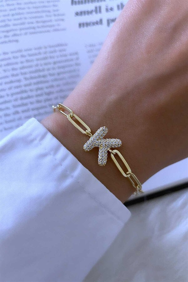 Gold Link Chain Initial Bracelet, Bubble Letter Bracelet, Balloon Diamond Name Bracelet, Trendy Layering Bracelet, Girlfriend Bracelet, 925