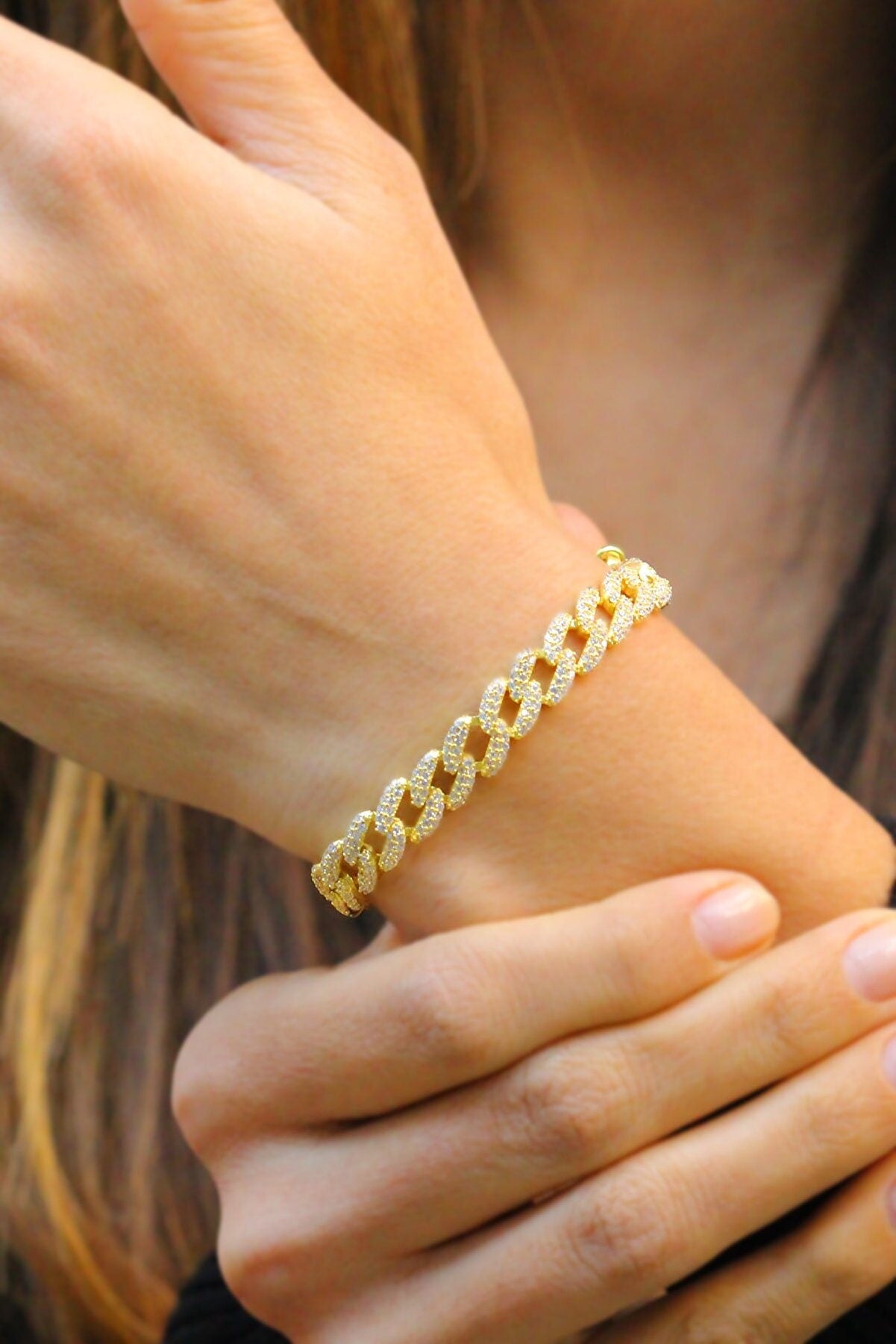Iced Out Bracelet, Thick Cuban Link Chain Bracelet, Diamond Bracelet ,CZ Bracelet, Cubic Zirconia Bracelet, Stacking Bracelets, 925 Silver