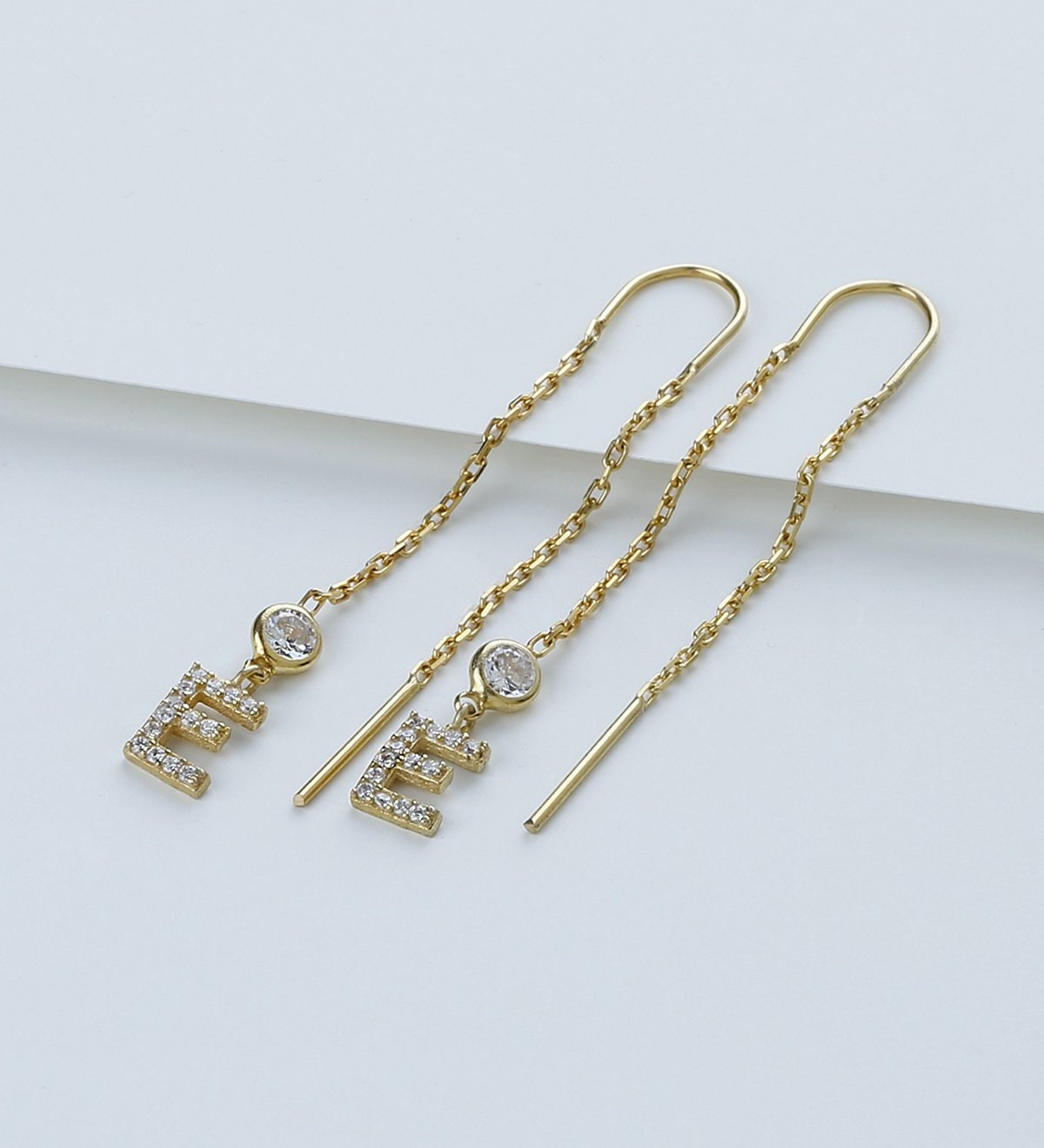 Dangle Initial Gold Earrings, Dainty Letter Minimalist Earrings, Long Chain Earrings,  Zirconia Earrings, Gift for Girlfriend, Birthday Gift