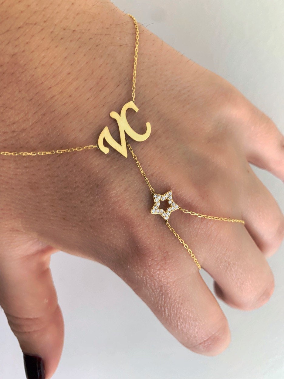 Custom Hand Chain Named bracelet with CZ stone, Personalized Initial Hand Bracelet, Name Ring Slave Bracelet, Personalized Gifts for her