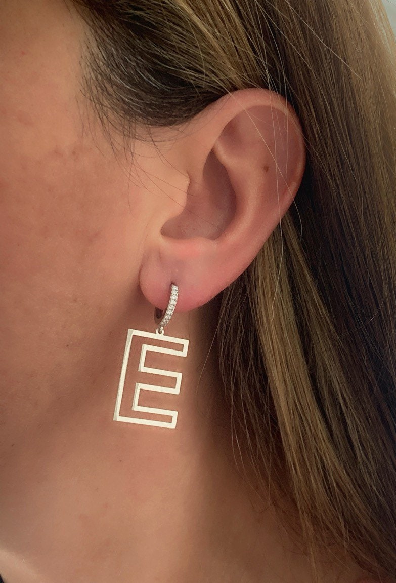Big Letter Earring, Initial Earring, Gold Alphabet Earring, Personalized Gift, Drop Earrings, CZ Earring, Customized Earring, 925 Silver