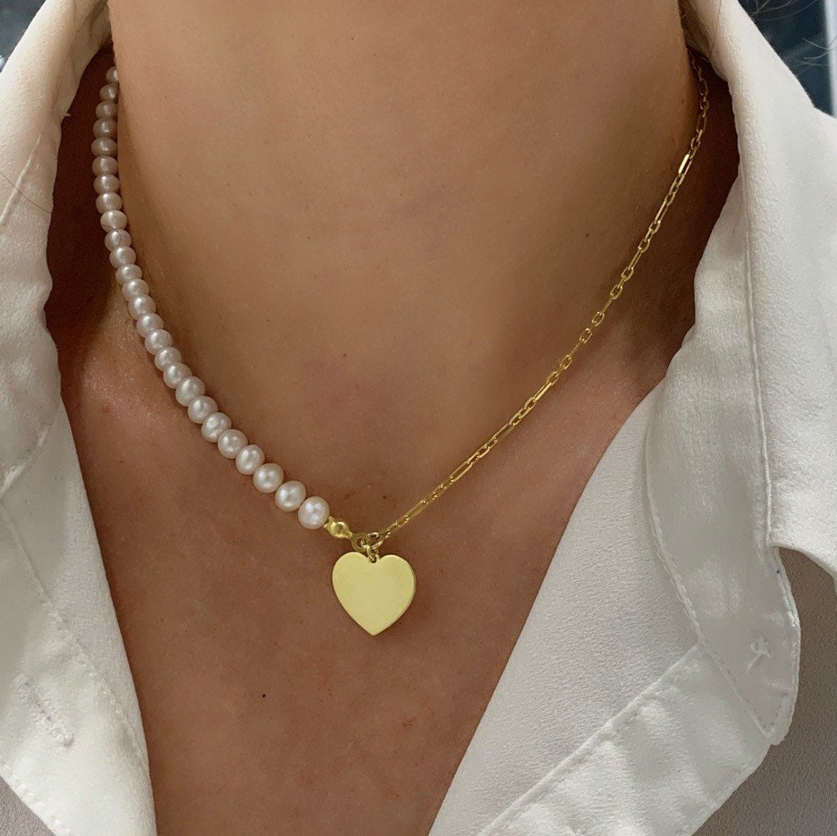 Half pearl half chain necklace, Trendy Pearl Choker Necklace, Dainty Heart Pendant Necklace, Love Necklace, Layering  Pearl Necklace, Gift