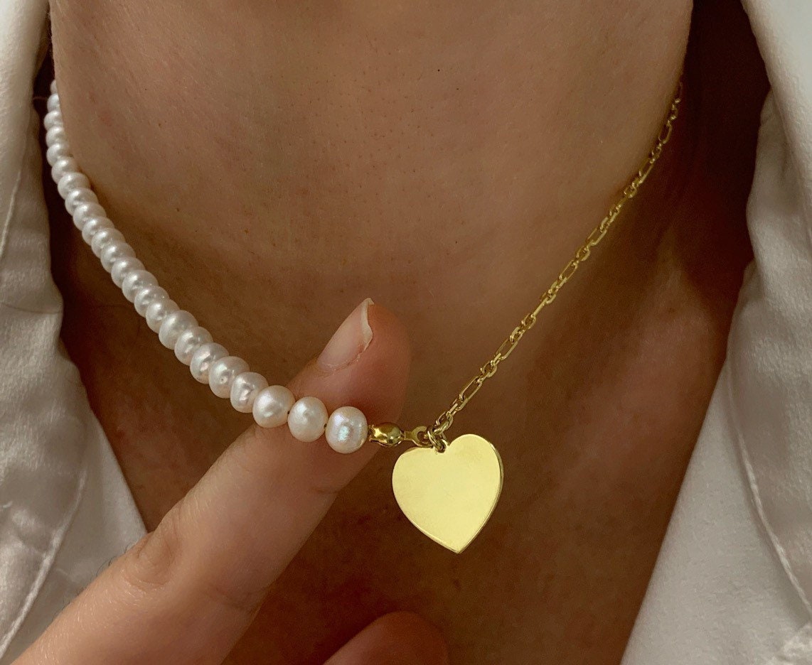 Half pearl half chain necklace, Trendy Pearl Choker Necklace, Dainty Heart Pendant Necklace, Love Necklace, Layering  Pearl Necklace, Gift
