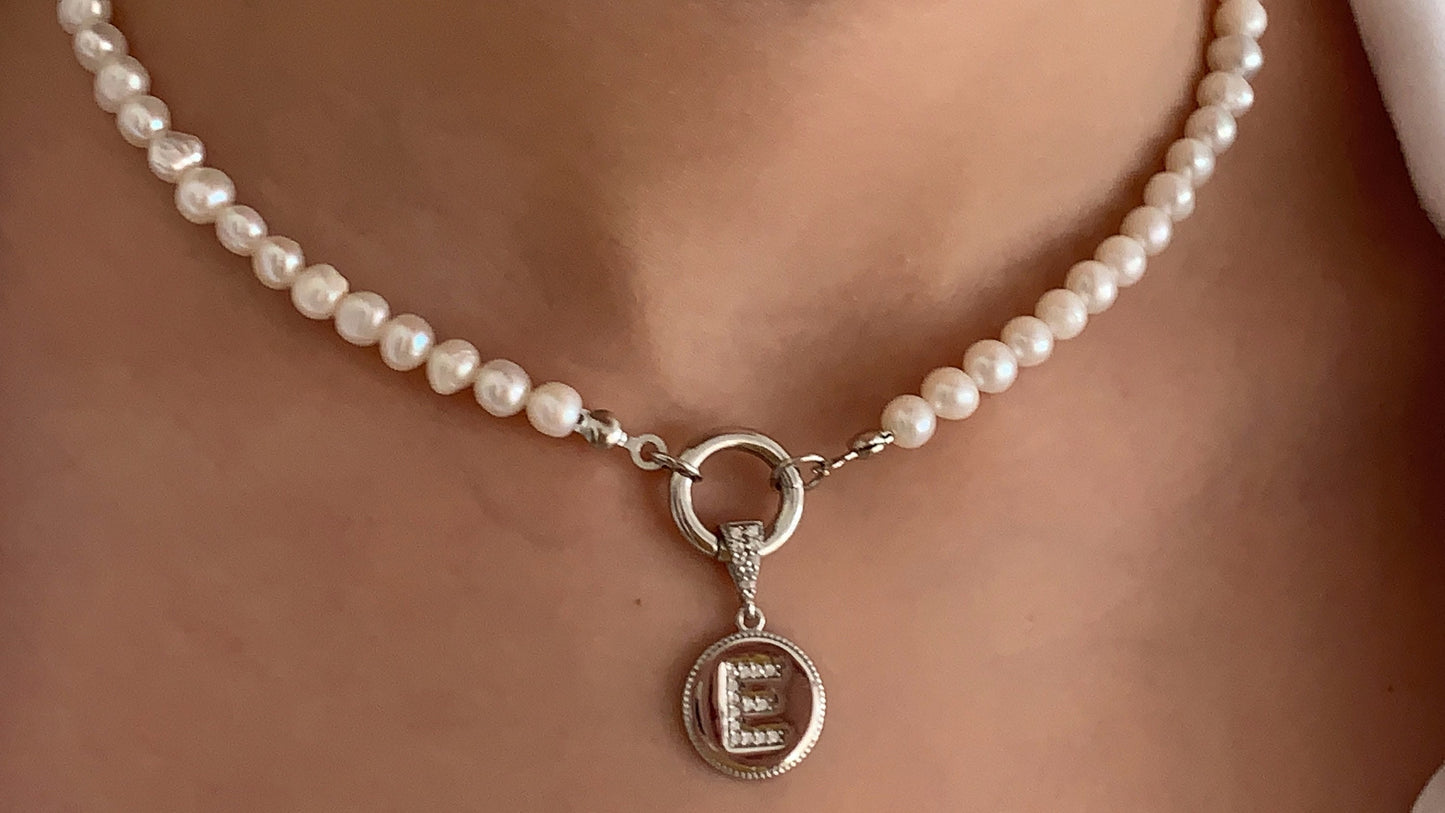 Initial Pearl necklace, Pearl Letter Choker, CZ Gemstone Initial Pendant, Freshwater Pearls, Personalized Gifts, Christmas Girlfriend Gift