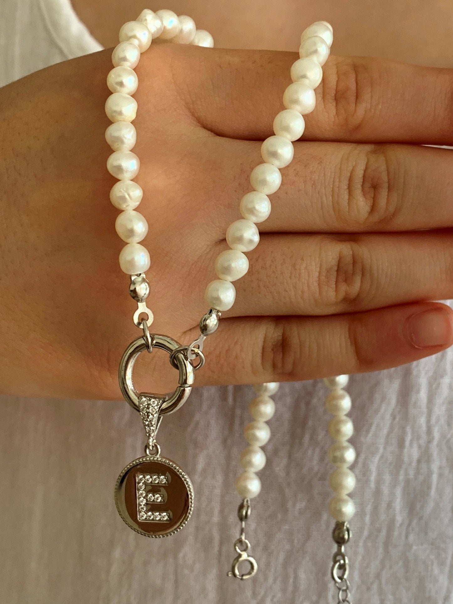 Initial Pearl necklace, Pearl Letter Choker, CZ Gemstone Initial Pendant, Freshwater Pearls, Personalized Gifts, Christmas Girlfriend Gift