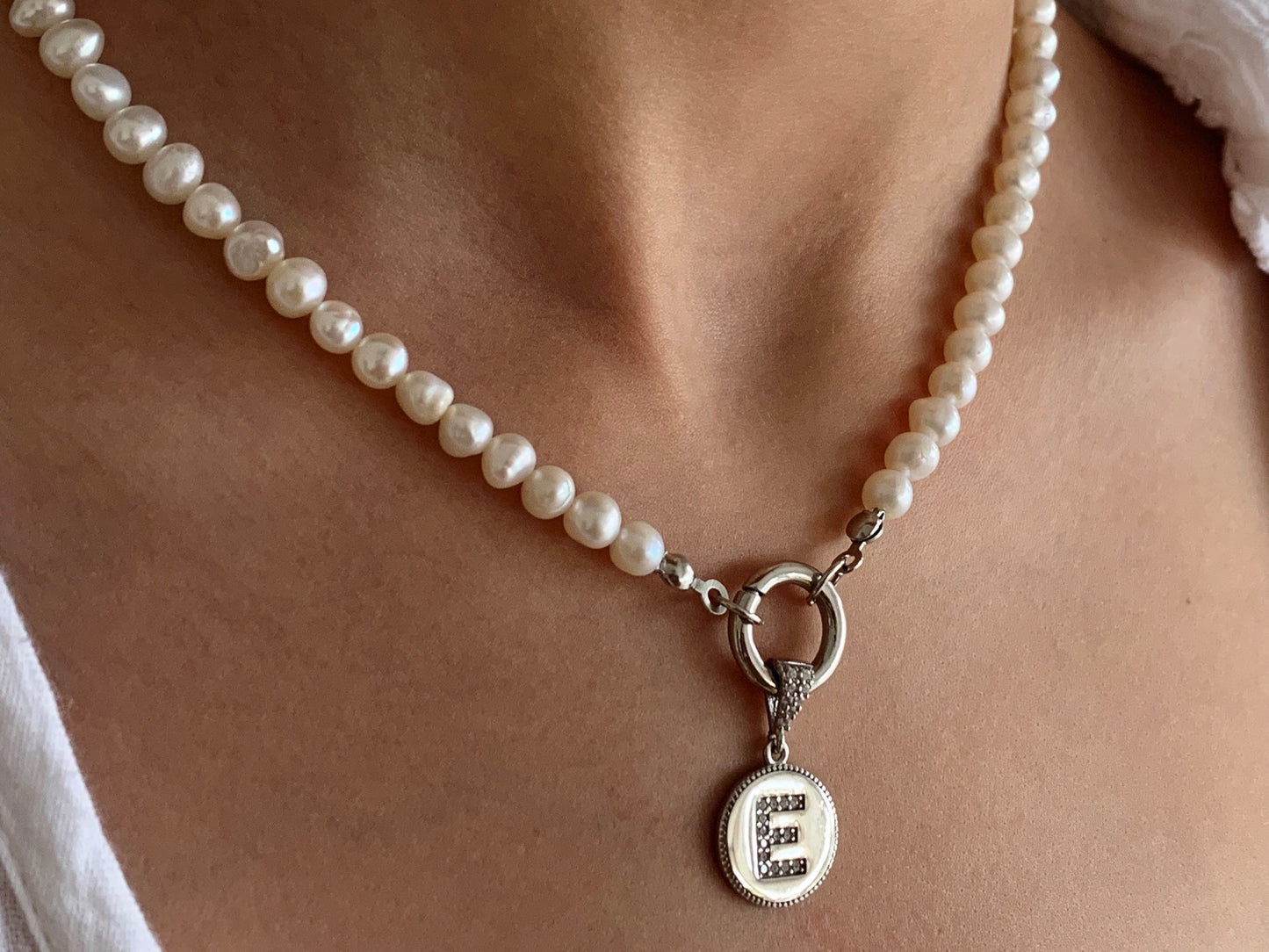 Initial Pearl necklace, Pearl Letter Choker, CZ Gemstone Initial Pendant, Freshwater Pearls, Personalized Gifts, Christmas Girlfriend Gift