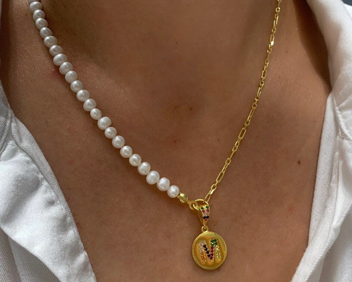 Pearl Name Necklace, Initial Pearl necklace, Half Pearl Half Gold Chain, Half Chain Necklace, Pearl Jewelry, Pearl Choker, Trendy Necklace