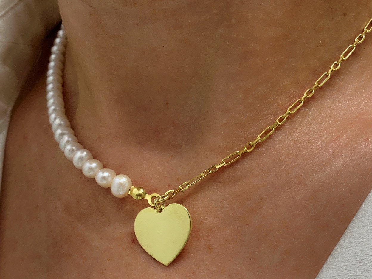 Half pearl half chain necklace, Trendy Pearl Choker Necklace, Dainty Heart Pendant Necklace, Love Necklace, Layering  Pearl Necklace, Gift