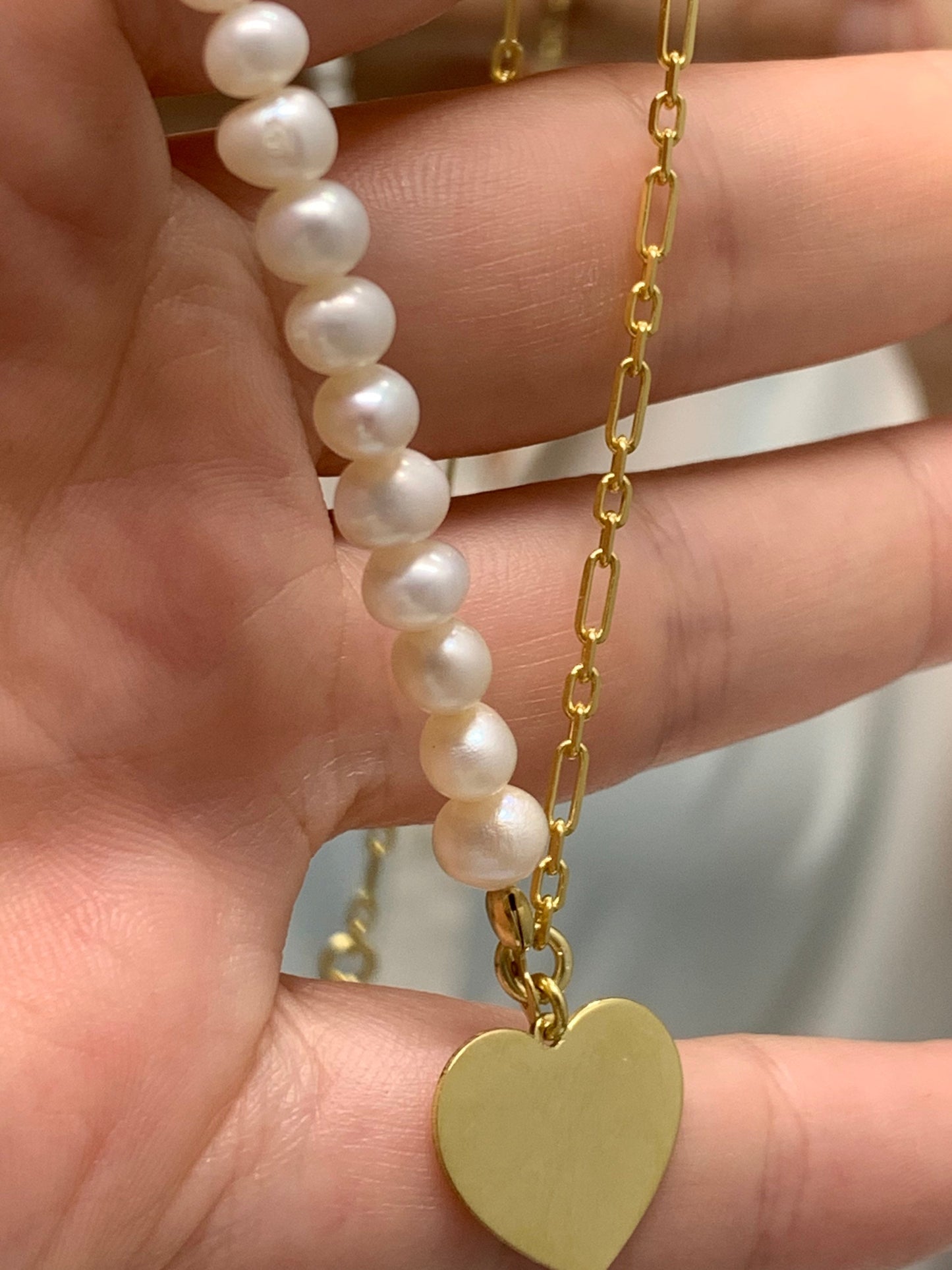 Half pearl half chain necklace, Trendy Pearl Choker Necklace, Dainty Heart Pendant Necklace, Love Necklace, Layering  Pearl Necklace, Gift