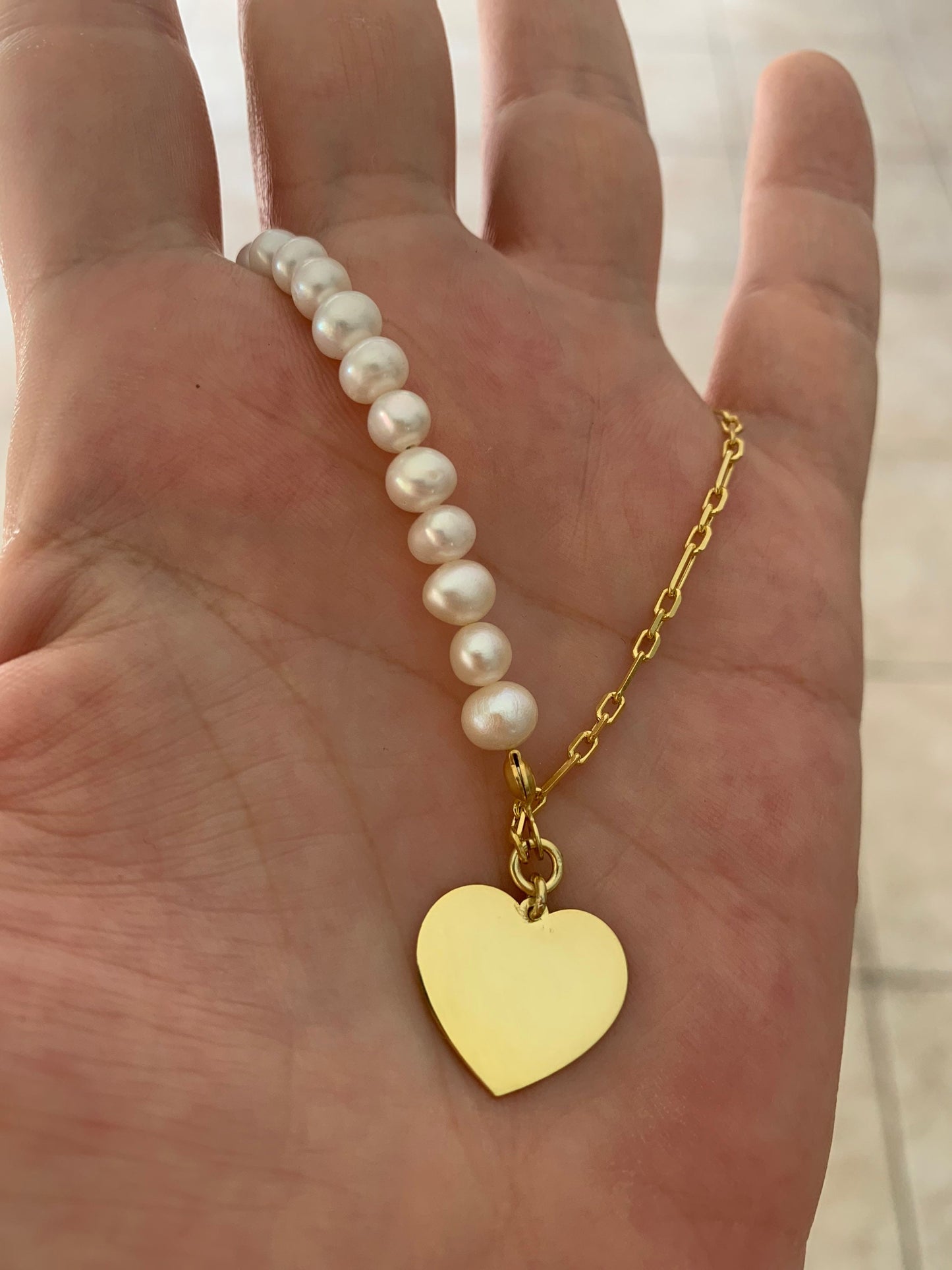 Half pearl half chain necklace, Trendy Pearl Choker Necklace, Dainty Heart Pendant Necklace, Love Necklace, Layering  Pearl Necklace, Gift