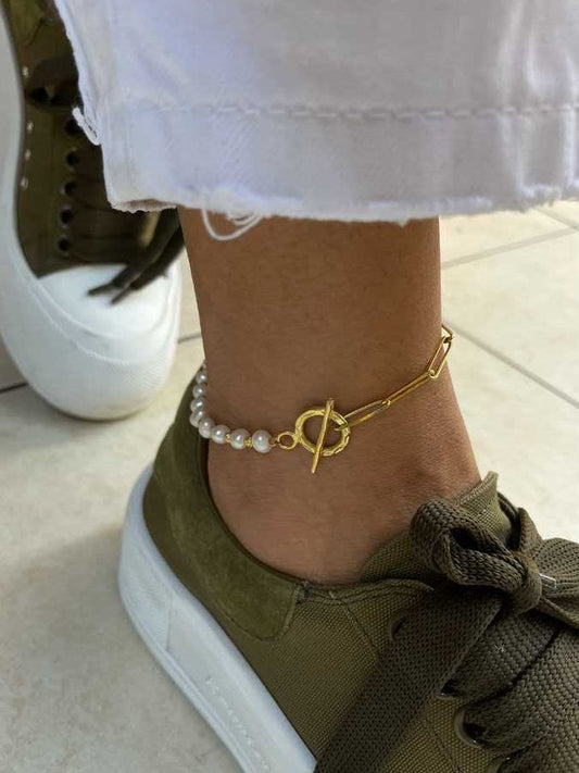 Pearl Anklet, Half Pearl Half Chain Anklet, Gold Pearl Anklet, Bead Anklet, Summer Anklet, Beach Jewelry, Gift for her, Foot Jewelry, Silver