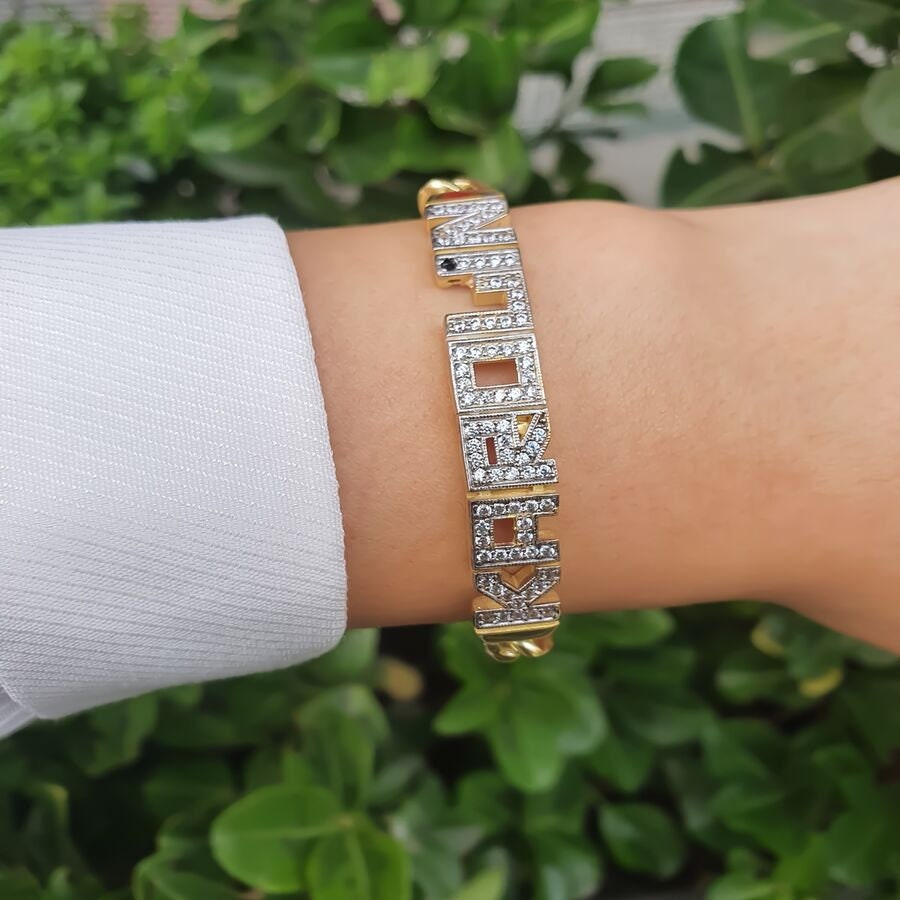 Thick Gold Name Bracelet, Diamond Name Bracelet, CZ Gemstone Letter, Thick Cuban Link Bracelet, Personalized Bracelet, Girlfriend Bracelet