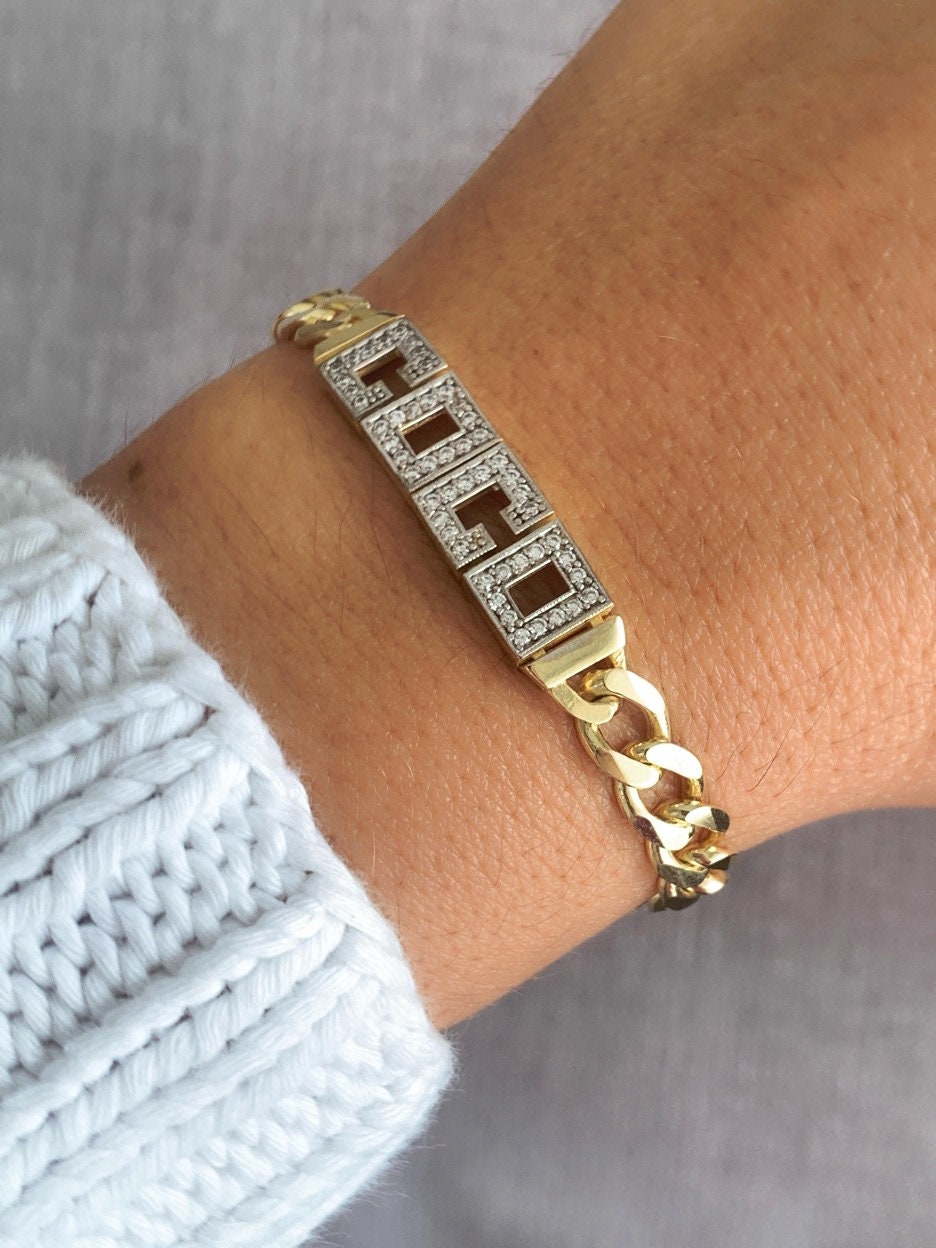 Thick Gold Name Bracelet, Diamond Name Bracelet, CZ Gemstone Letter, Thick Cuban Link Bracelet, Personalized Bracelet, Girlfriend Bracelet