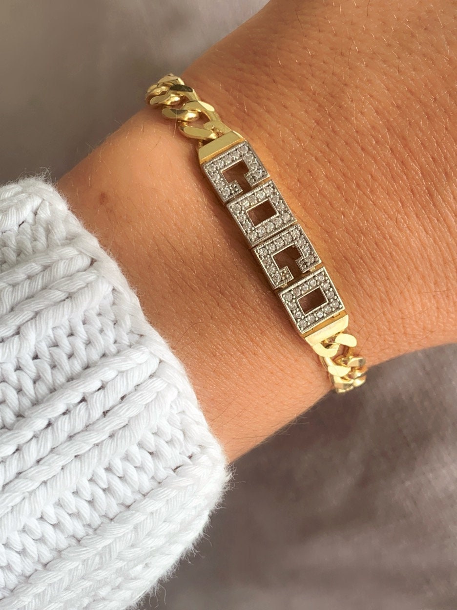 Thick Gold Name Bracelet, Diamond Name Bracelet, CZ Gemstone Letter, Thick Cuban Link Bracelet, Personalized Bracelet, Girlfriend Bracelet