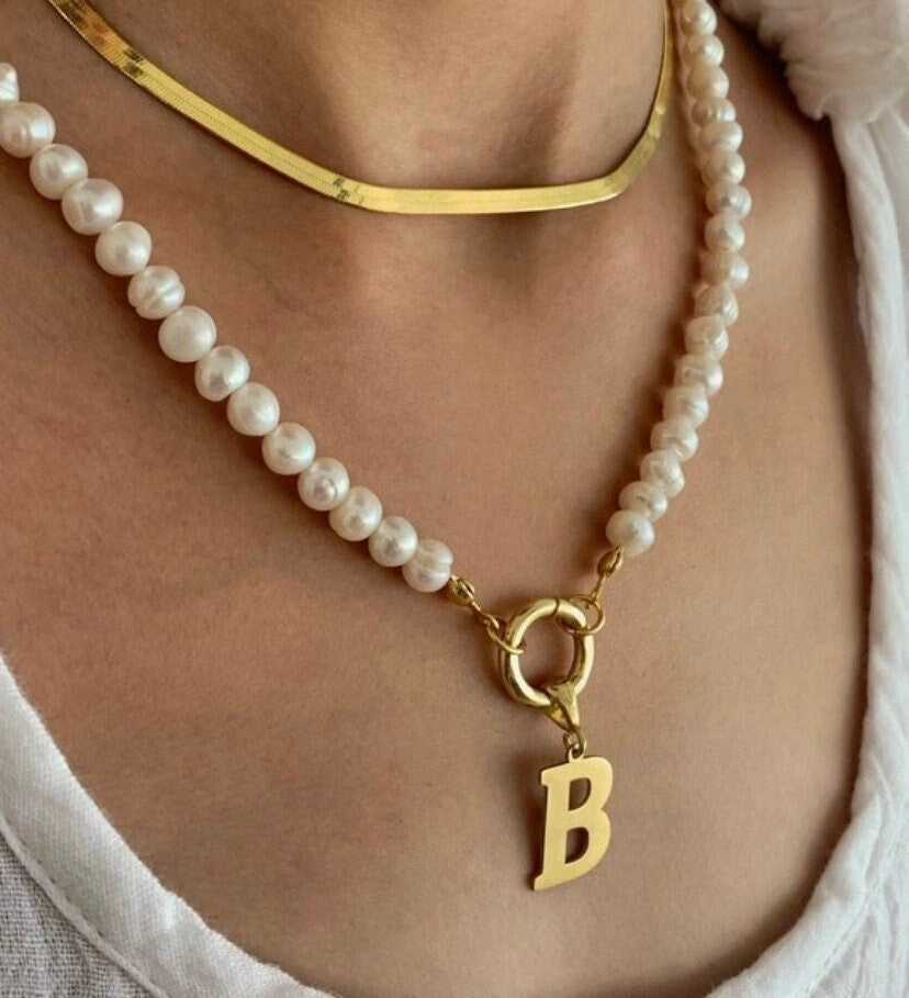 Initial Pearl Necklace, Personalized Pearl Letter Necklace Choker, Pearl Name Necklace, Alphabet Letter Pendants, Pearl Initial Jewelry