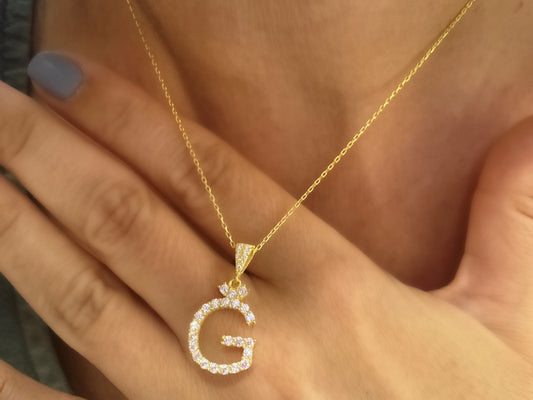 Big Letter Pendant Necklace, Large Initial Necklace, CZ Gemstone, Personalized Gifts, Layering Necklace, Statement Necklace, Letter Jewelry