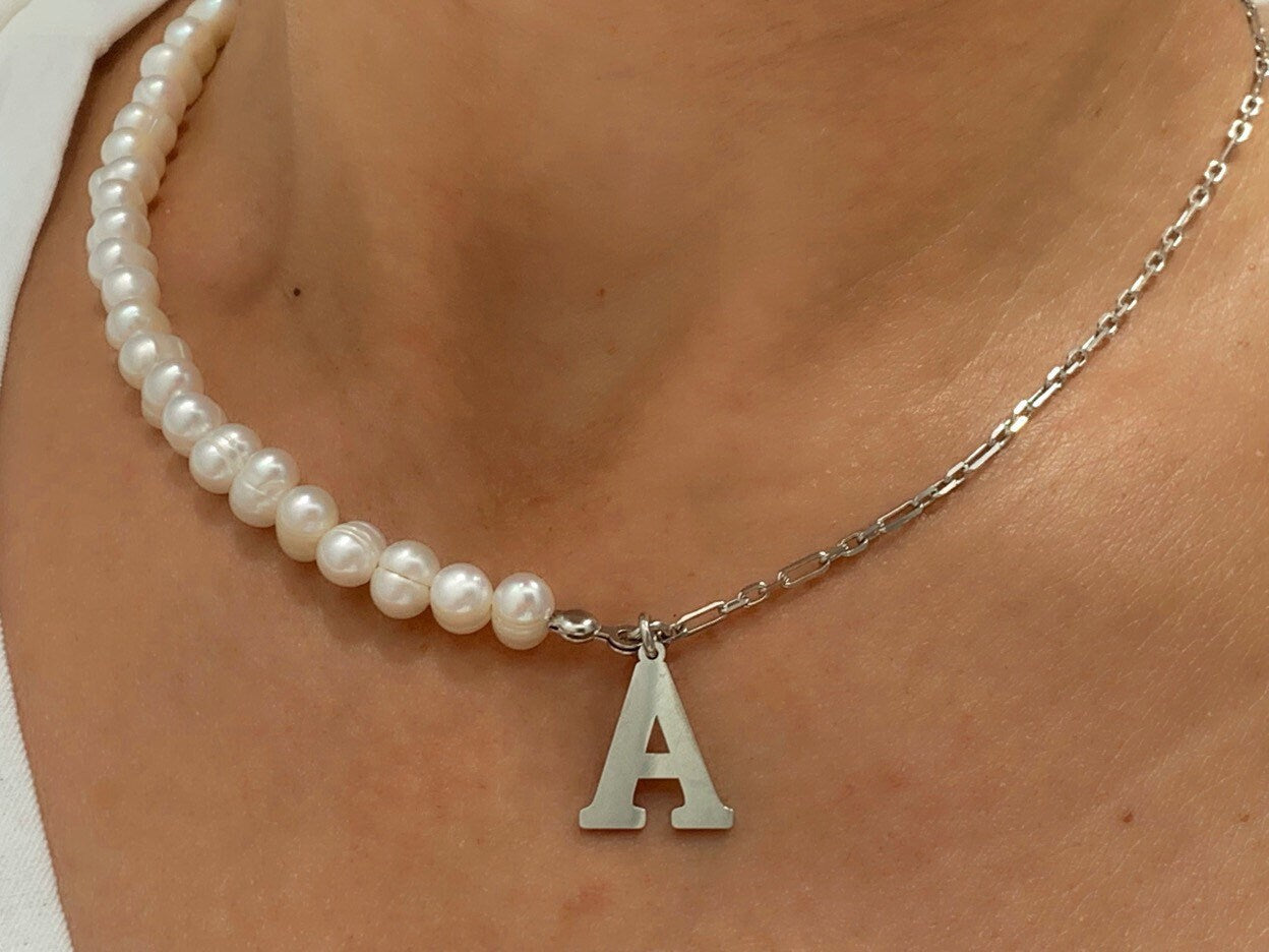 Pearl Name Necklace, Half Pearl Half Chain, Initial Pearl Necklace, Pearl Choker, Personalized Gift, Gift for her, 925 Sterling Silver