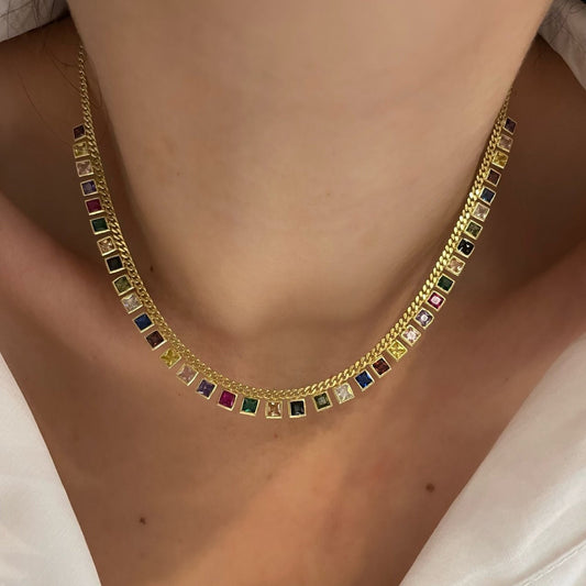 Multicolor Necklace Choker, Baguette Necklace, Baguette Choker, Drop Dangle Necklace, Colorful Necklace, CZ Necklace, Trendy Necklace, 925