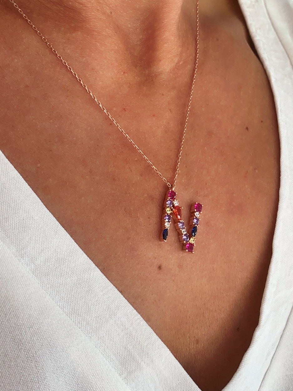 Big Letter Necklace, Large Initial Pendant Necklace, CZ Gemstone, Personalized Gifts, Layering Necklace, Statement Necklace, Letter Jewelry