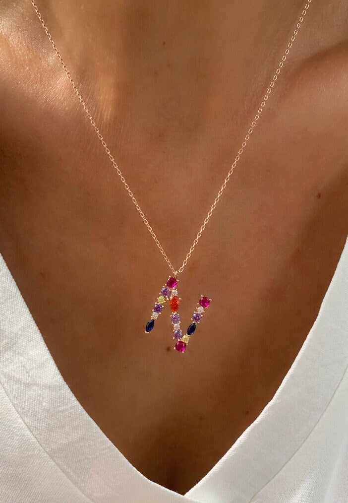Big Letter Necklace, Large Initial Pendant Necklace, CZ Gemstone, Personalized Gifts, Layering Necklace, Statement Necklace, Letter Jewelry